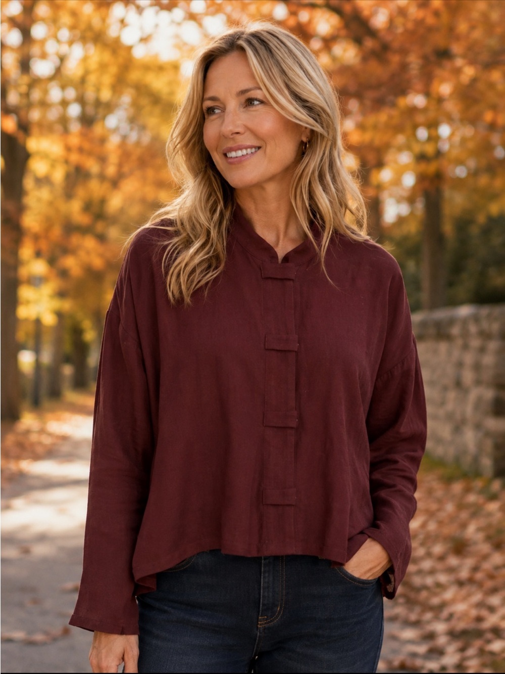 Eileen Fisher Burgundy Mandarin Collar Jacket Sz MP